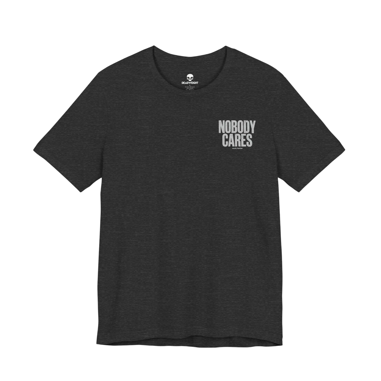 DailyThreadCo. charcoal grey graphic t-shirt with Nobody Cares text on the chest, made from soft lightweight cotton.