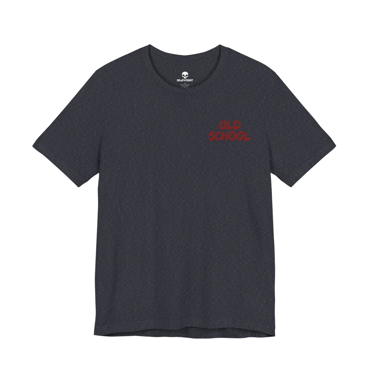 DailyThreadCo. charcoal grey lightweight cotton t-shirt with small red handwritten OLD SCHOOL text on the chest.