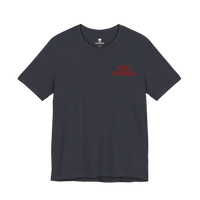 DailyThreadCo. charcoal grey lightweight cotton t-shirt with small red handwritten OLD SCHOOL text on the chest.