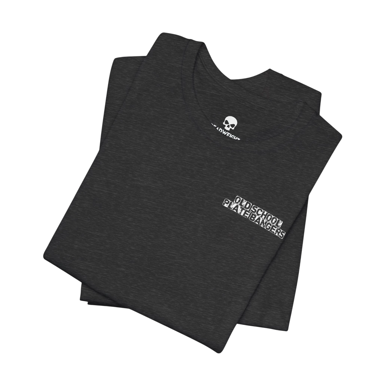 DailyThreadCo. charcoal grey crew-neck cotton t-shirt with white Old School Plate Bangers chest graphic