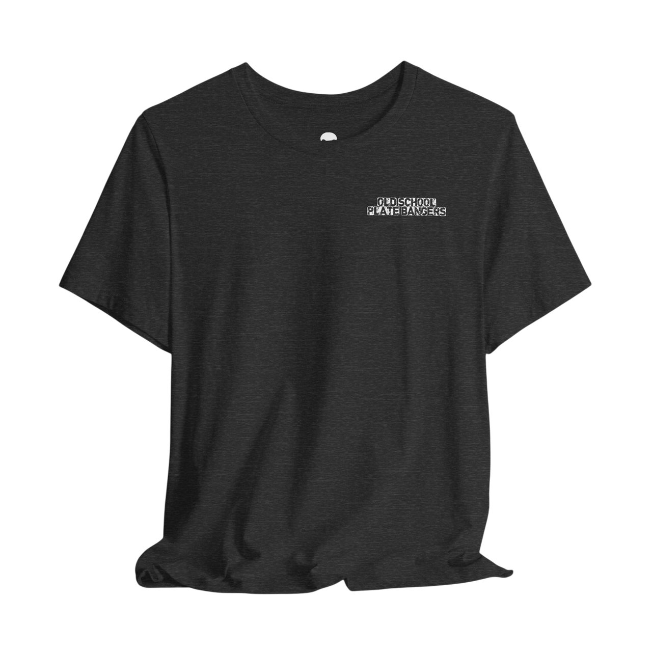 DailyThreadCo. charcoal grey crew-neck cotton t-shirt with small white Old School Plate Bangers chest logo