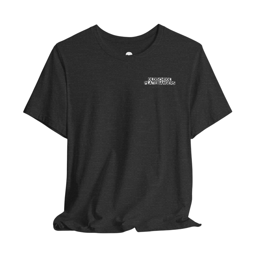 DailyThreadCo. charcoal grey crew-neck cotton t-shirt with small white Old School Plate Bangers chest logo