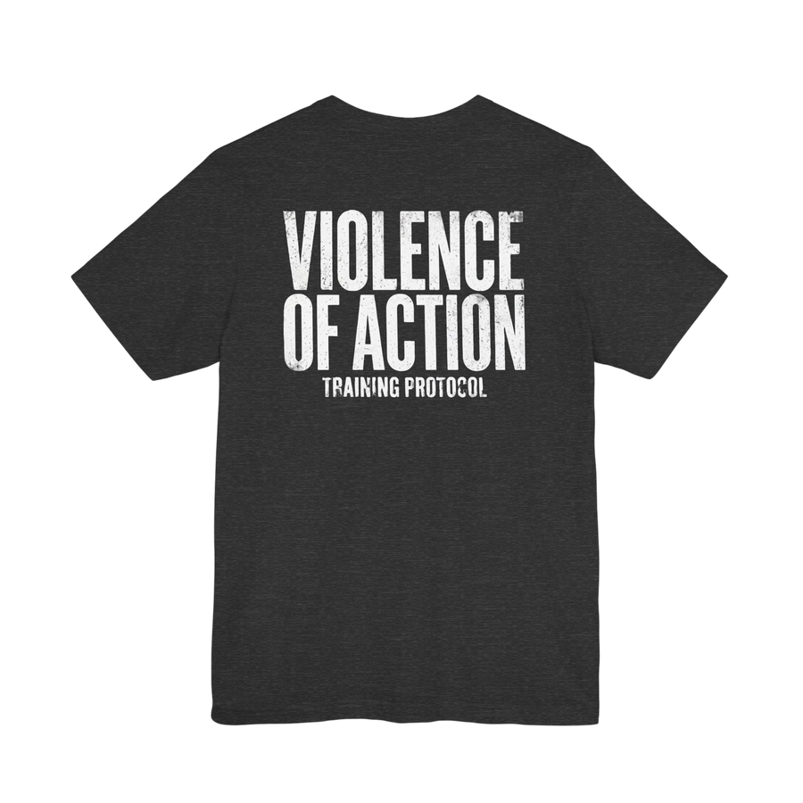 DailyThreadCo. charcoal grey cotton workout t-shirt featuring a bold white Violence of Action back graphic print.