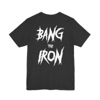 DailyThreadCo. charcoal grey cotton gym t-shirt featuring a bold distressed white BANG THE IRON back graphic print.