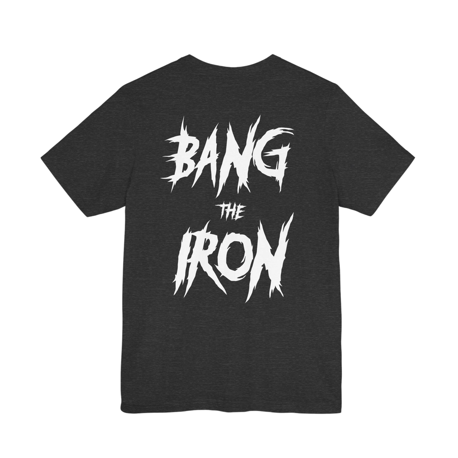 DailyThreadCo. charcoal grey cotton gym t-shirt featuring a bold distressed white BANG THE IRON back graphic print.