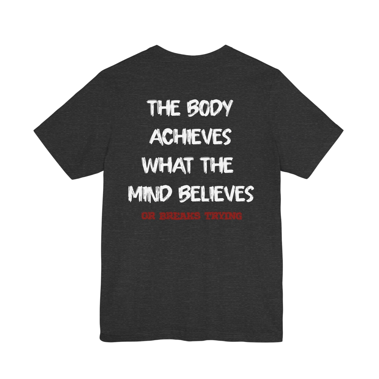 DailyThreadCo. charcoal grey cotton gym t-shirt with white and red motivational text printed on the back.