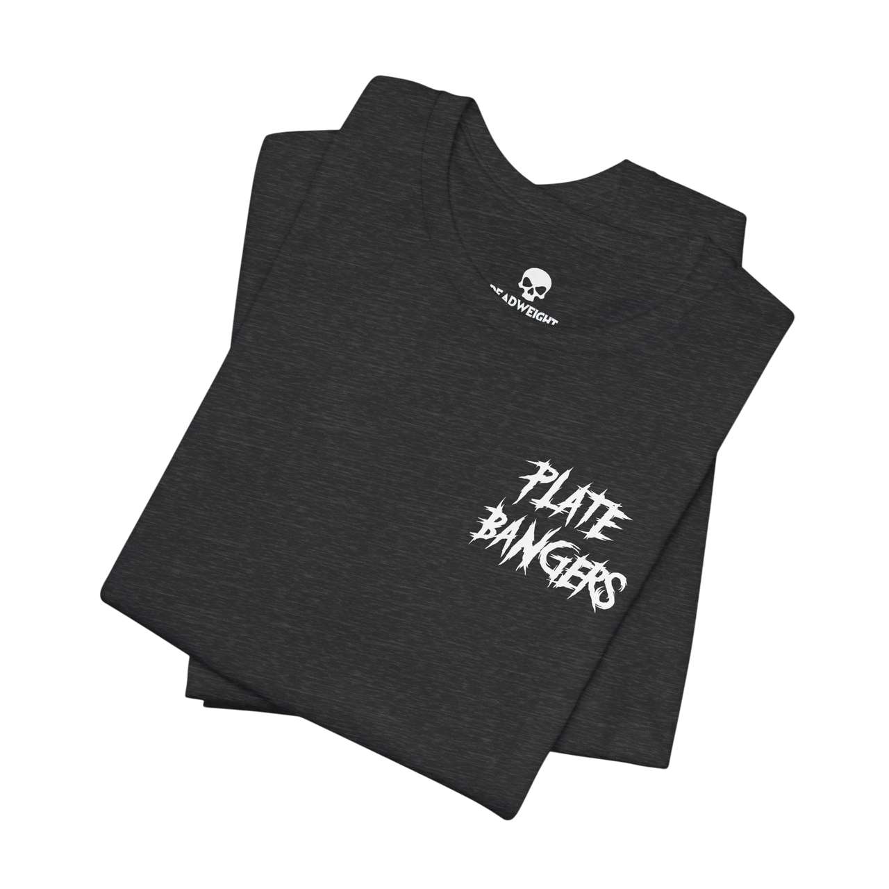 DailyThreadCo. charcoal grey cotton gym t-shirt featuring a white distressed Plate Bangers graphic on the chest.