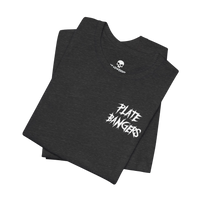 DailyThreadCo. charcoal grey cotton gym t-shirt featuring a white distressed Plate Bangers graphic on the chest.