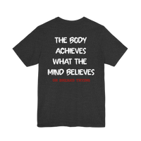 DailyThreadCo. charcoal grey cotton gym t-shirt with white and red motivational text printed on the back.