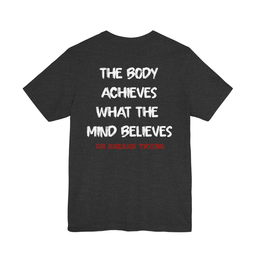 DailyThreadCo. charcoal grey cotton gym t-shirt with white and red motivational text printed on the back.