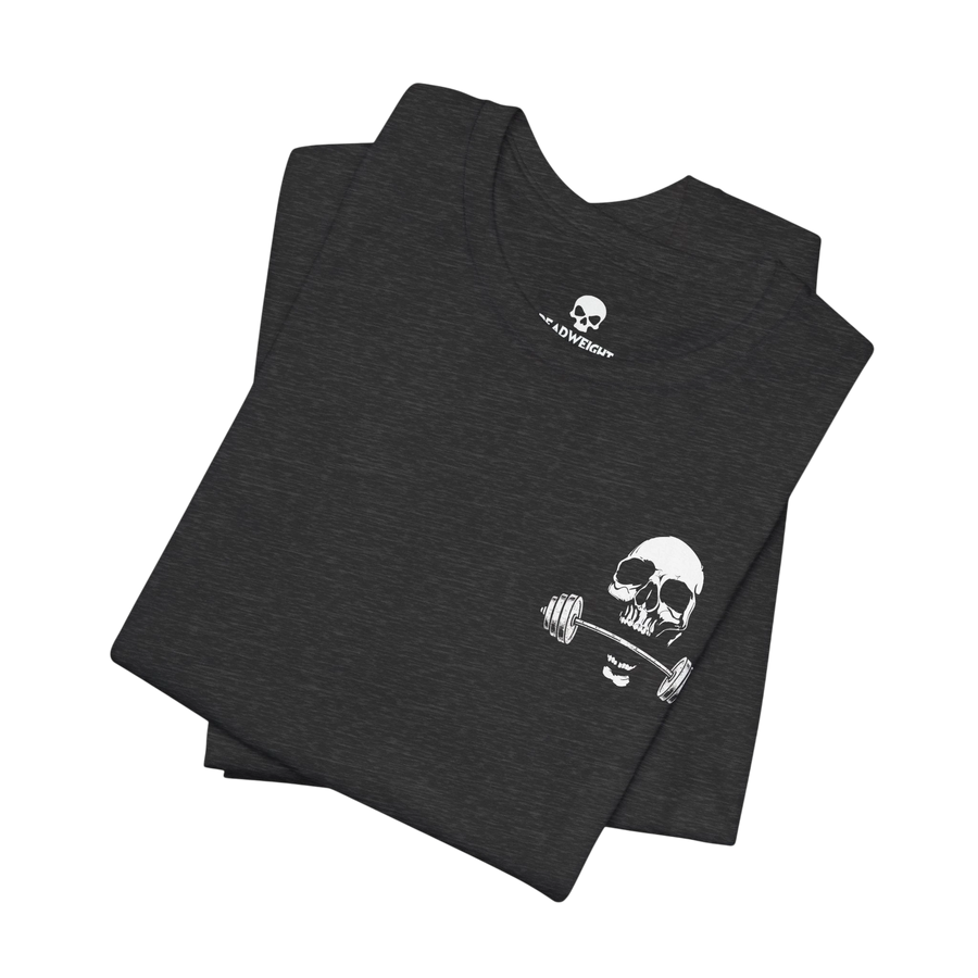 DailyThreadCo. charcoal grey gym t-shirt featuring a white skull and barbell chest graphic on folded fabric.