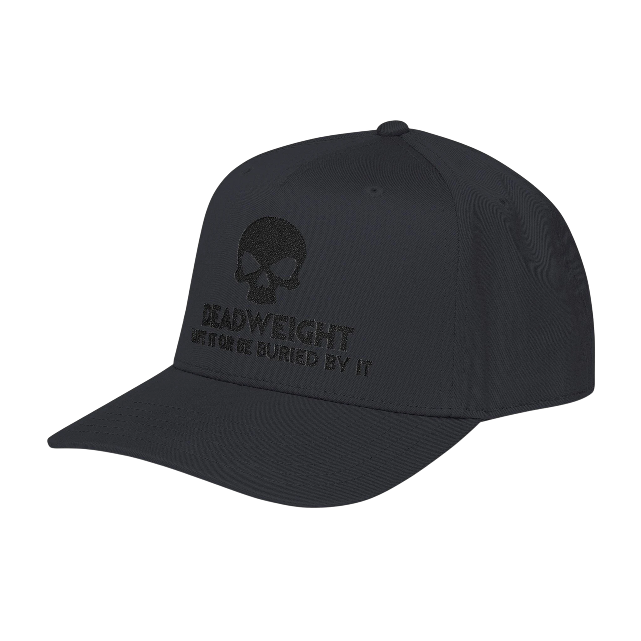 DailyThreadCo. charcoal grey structured baseball cap with embroidered skull and Deadweight slogan on front panel.