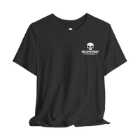 DailyThreadCo. charcoal grey crew-neck t-shirt featuring a small white distressed skull graphic on the chest.