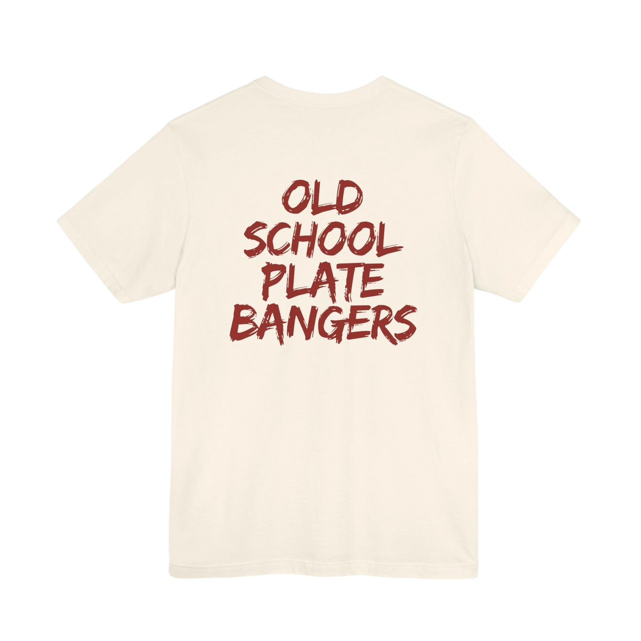 DailyThreadCo. cream cotton t-shirt with Old School Plate Bangers graphic in red marker-style script on the back