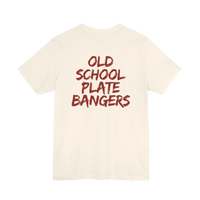 DailyThreadCo. cream cotton t-shirt with Old School Plate Bangers graphic in red marker-style script on the back