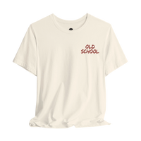 DailyThreadCo. lightweight cream cotton t-shirt with small red handwritten OLD SCHOOL text on the chest