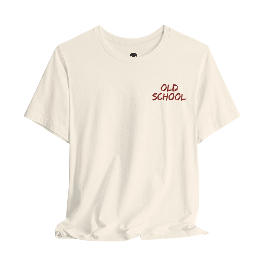 DailyThreadCo. lightweight cream cotton t-shirt with small red handwritten OLD SCHOOL text on the chest