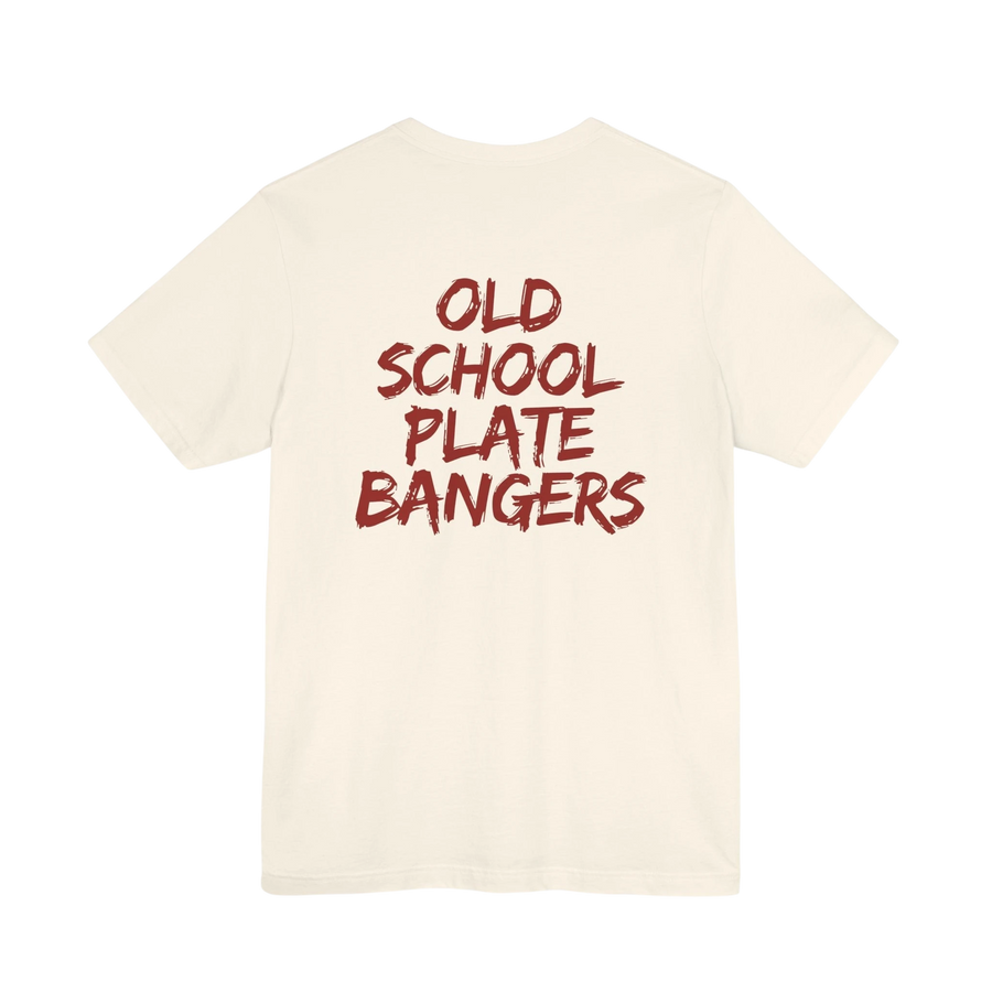 DailyThreadCo. cream cotton t-shirt with Old School Plate Bangers graphic in red marker-style script on the back