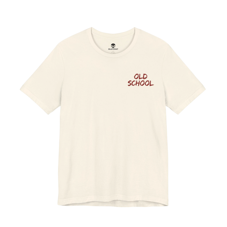 DailyThreadCo. lightweight cream cotton t-shirt with small handwritten OLD SCHOOL text on the chest.