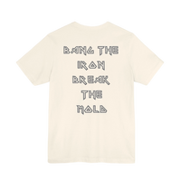 DailyThreadCo. cream gym t-shirt with black geometric lettering on the back reading Bang the Iron Break the Mold
