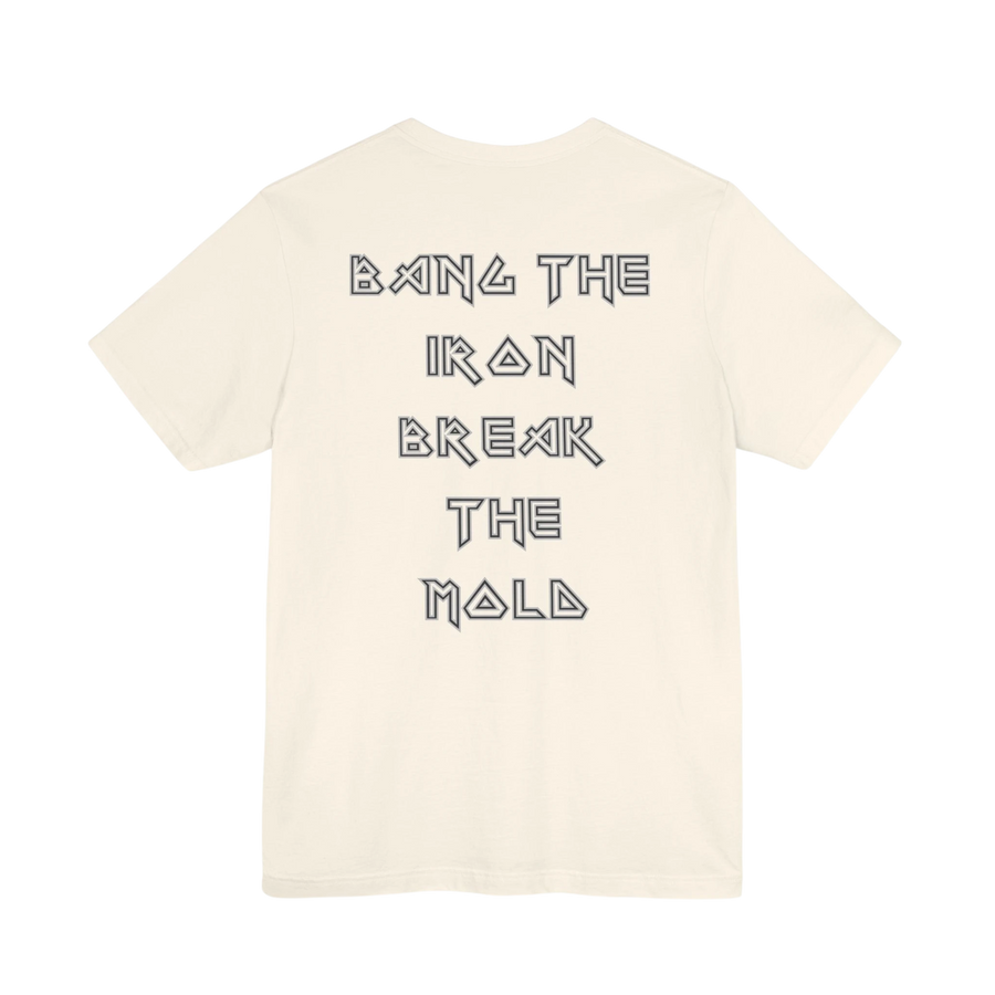 DailyThreadCo. cream gym t-shirt with black geometric lettering on the back reading Bang the Iron Break the Mold