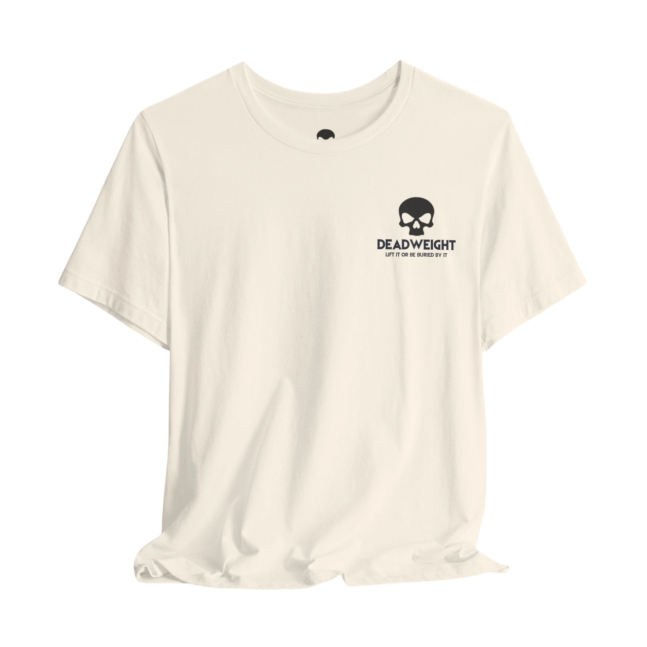 DailyThreadCo. cream cotton gym t-shirt with a black skull chest emblem and crew neckline.
