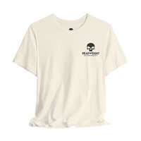 DailyThreadCo. cream cotton gym t-shirt with a black skull chest emblem and crew neckline.