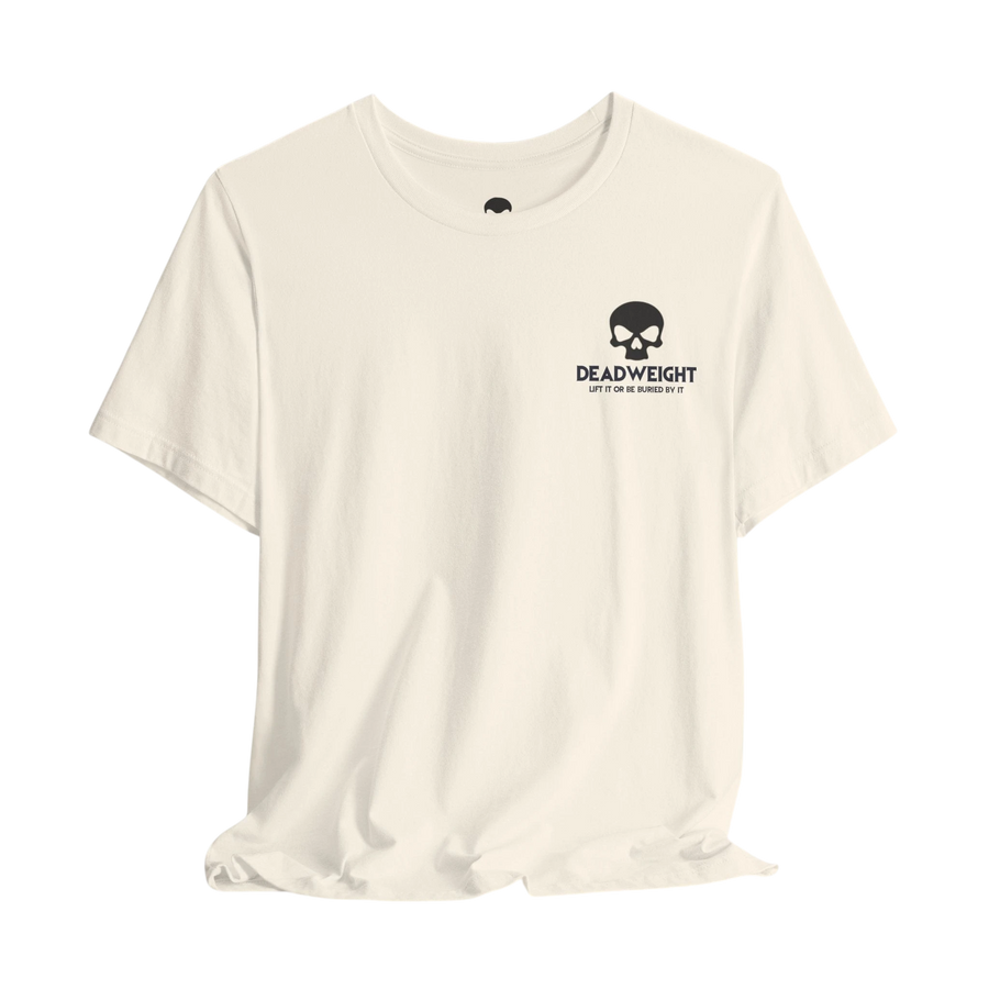 DailyThreadCo. cream cotton gym t-shirt with a black skull chest emblem and crew neckline.