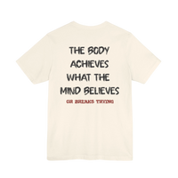 DailyThreadCo. cream cotton gym t-shirt featuring a motivational quote printed on the back in black and red text.