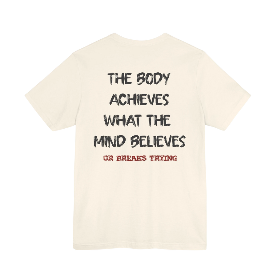 DailyThreadCo. cream cotton gym t-shirt featuring a motivational quote printed on the back in black and red text.