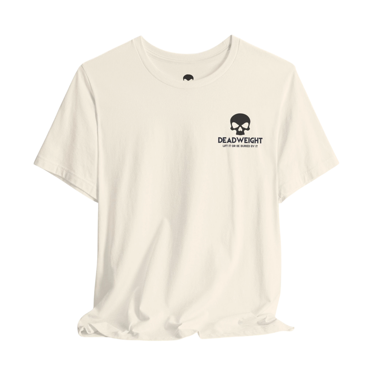DailyThreadCo. cream cotton crew-neck t-shirt featuring a small black skull graphic and Deadweight text on the chest.