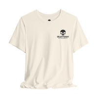 DailyThreadCo. cream cotton crew-neck t-shirt featuring a small black skull graphic and Deadweight text on the chest.