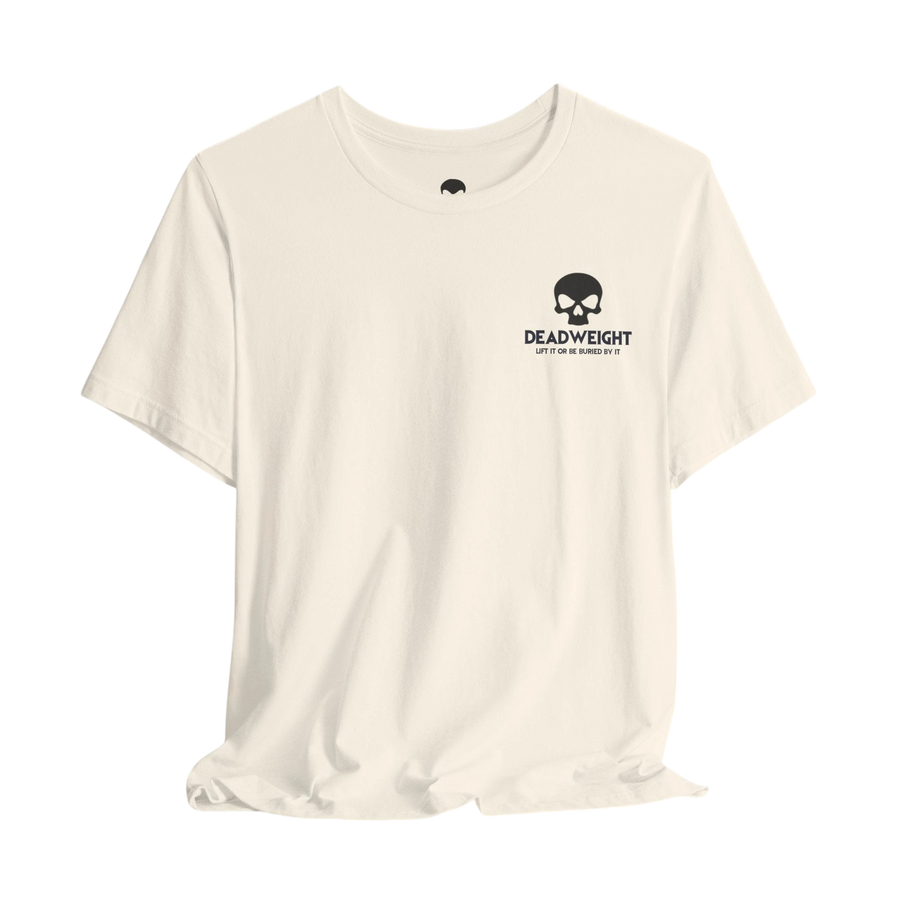 DailyThreadCo. cream cotton crew-neck t-shirt featuring a small black skull graphic and Deadweight text on the chest.