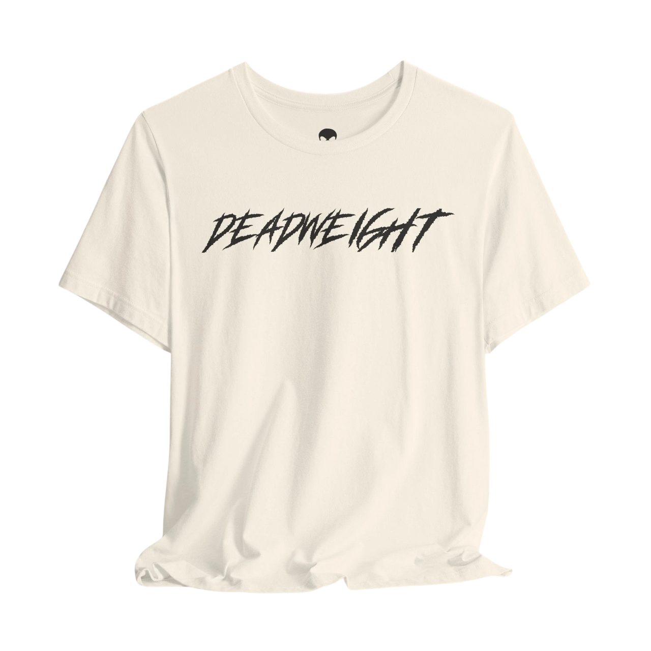 DailyThreadCo. cream crew-neck gym t-shirt with black jagged DEADWEIGHT graphic on the chest.