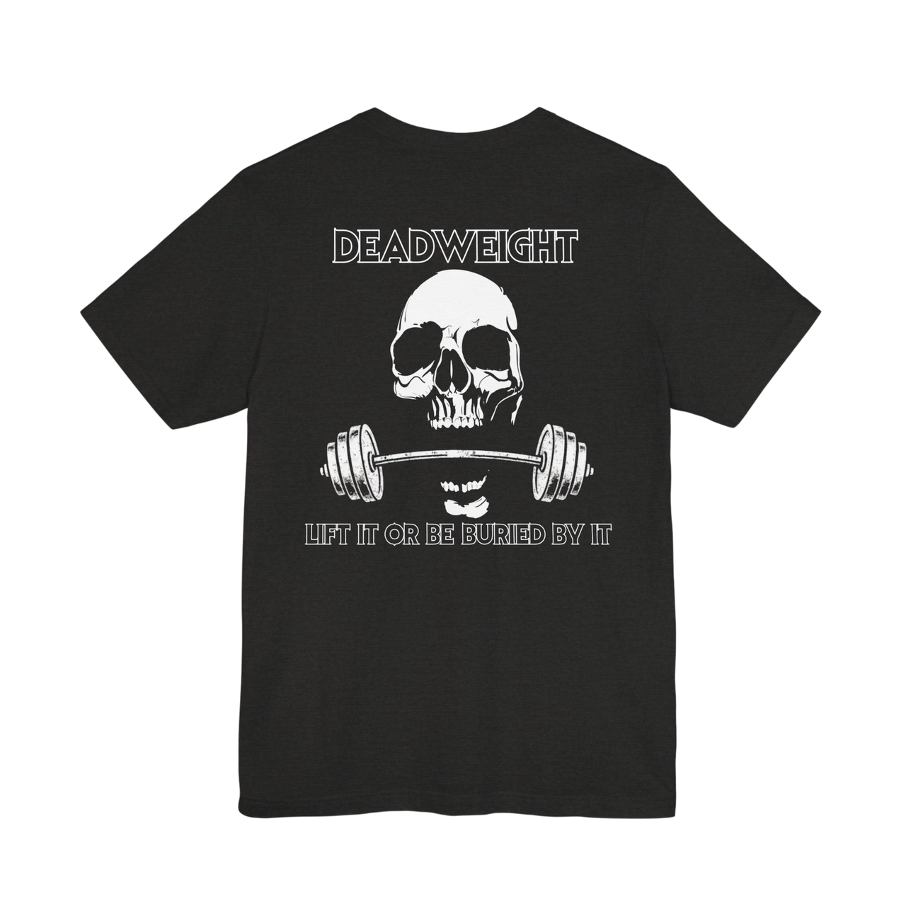 DailyThreadCo. black gym t-shirt featuring a white skull and barbell graphic with the text Deadweight on the back.