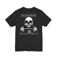 DailyThreadCo. black gym t-shirt featuring a white skull and barbell graphic with the text Deadweight on the back.