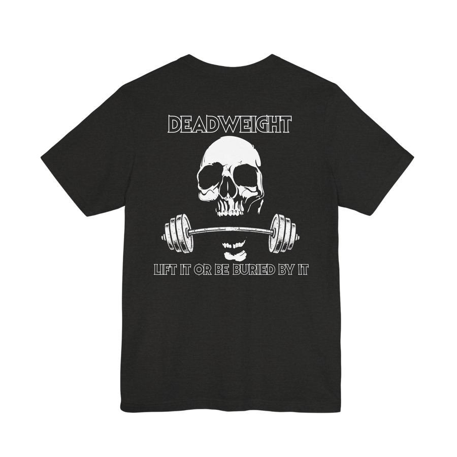 DailyThreadCo. black gym t-shirt featuring a white skull and barbell graphic with the text Deadweight on the back.