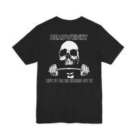 DailyThreadCo. black gym t-shirt featuring a white skull and barbell graphic on the back with Deadweight text.