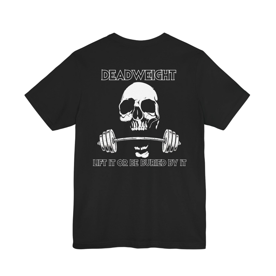 DailyThreadCo. black gym t-shirt featuring a white skull and barbell graphic on the back with Deadweight text.