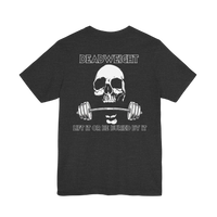 DailyThreadCo. charcoal grey gym t-shirt featuring a white skull and barbell graphic with the text DEADWEIGHT.