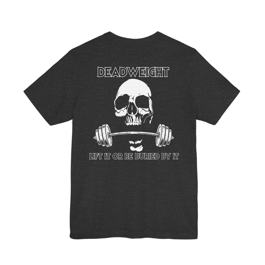 DailyThreadCo. charcoal grey gym t-shirt featuring a white skull and barbell graphic with the text DEADWEIGHT.