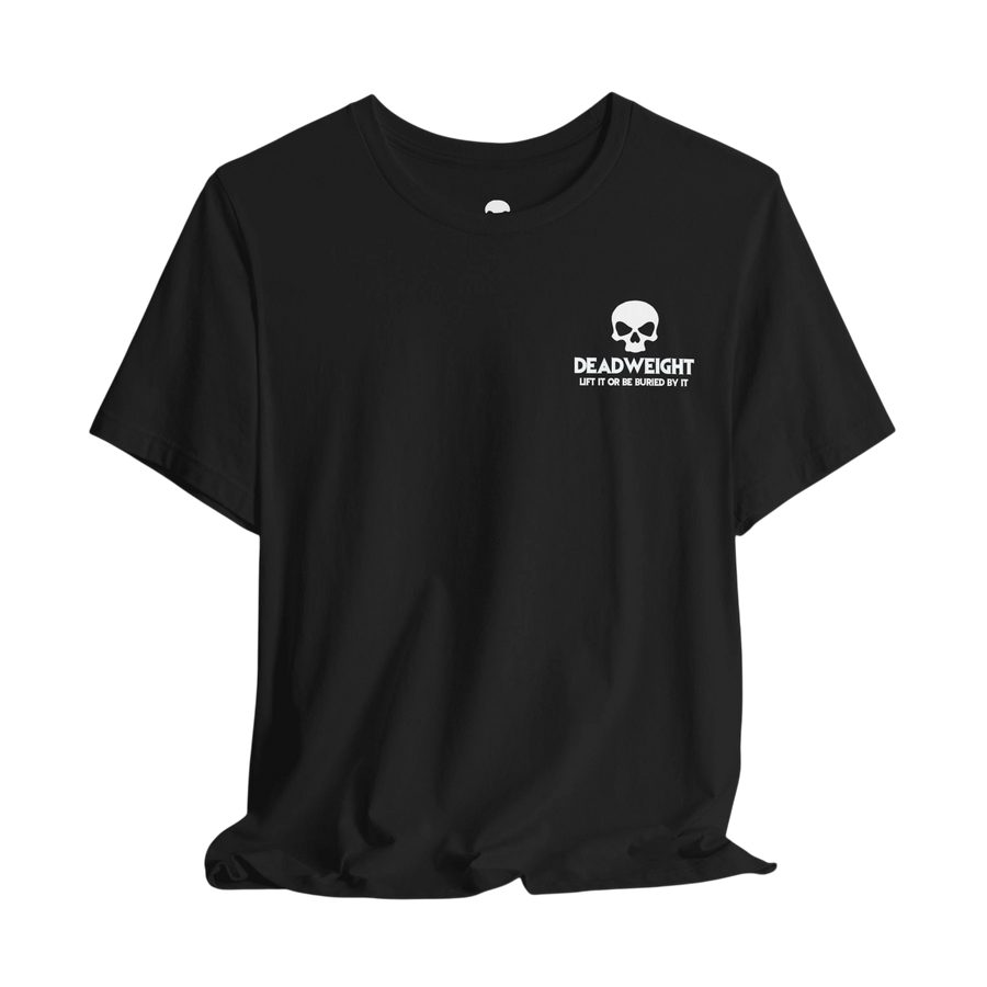 DailyThreadCo. black cotton crew neck t-shirt featuring a small white skull graphic and Deadweight text on the chest.
