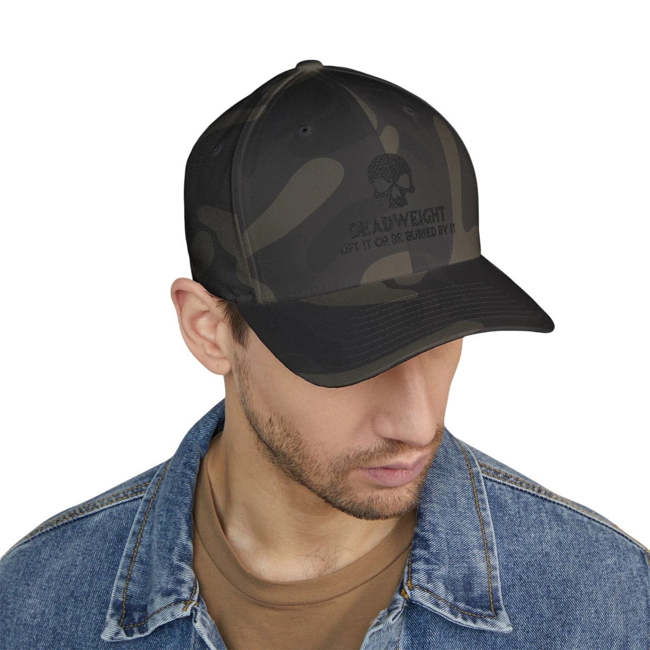 DailyThreadCo. black camo structured cap with embroidered skull logo and Deadweight text worn by a man in denim jacket