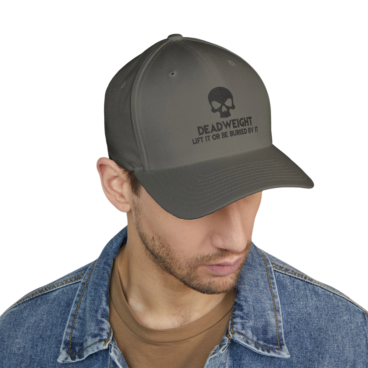 DailyThreadCo. black structured cap with skull embroidery and Deadweight text worn by a man in a denim jacket.