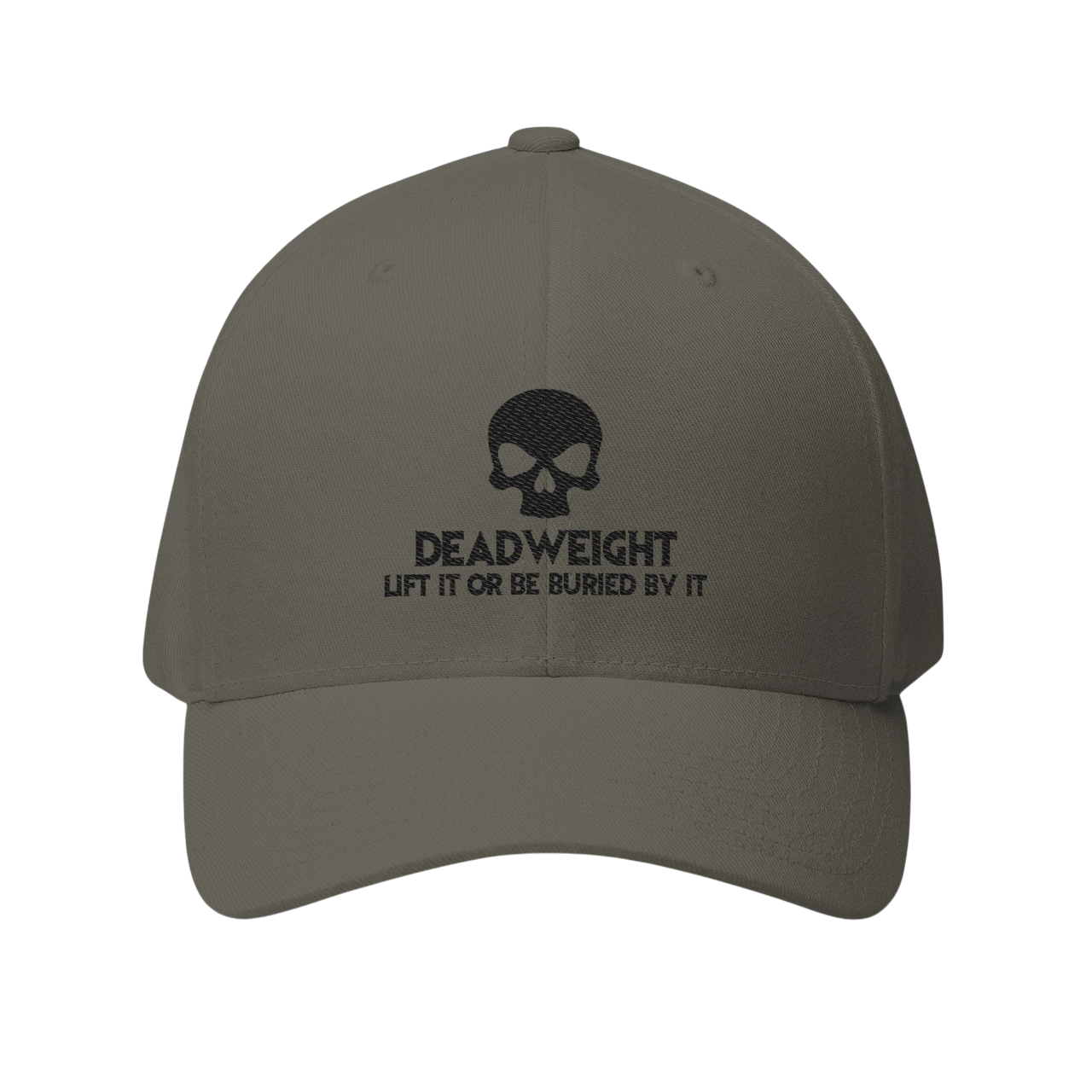 DailyThreadCo. structured grey cap with black embroidered skull and Deadweight text for gym and weightlifting.