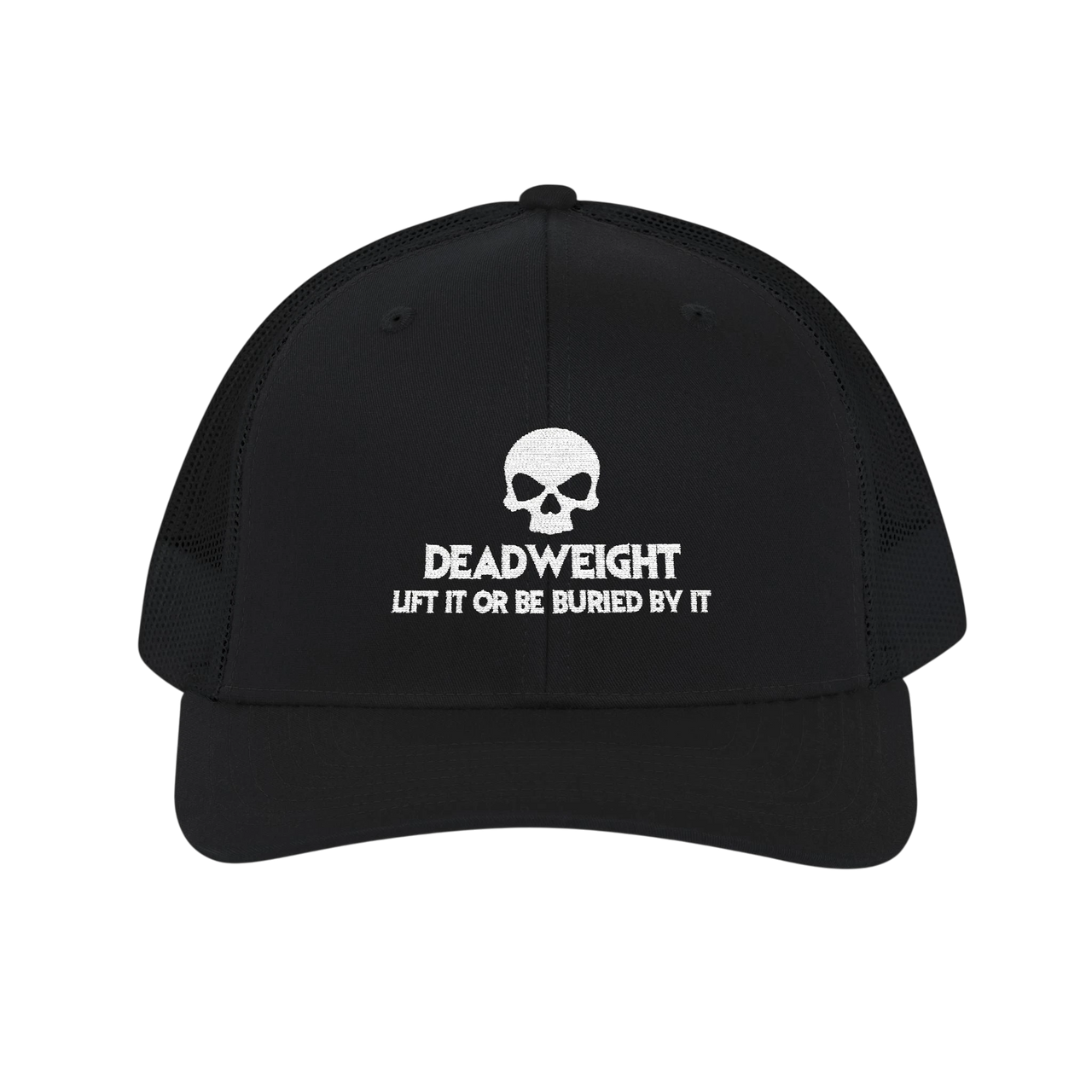 DailyThreadCo. black trucker cap with white skull logo and Deadweight text, featuring a breathable mesh back.