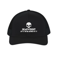 DailyThreadCo. black trucker cap with white skull logo and Deadweight text, featuring a breathable mesh back.