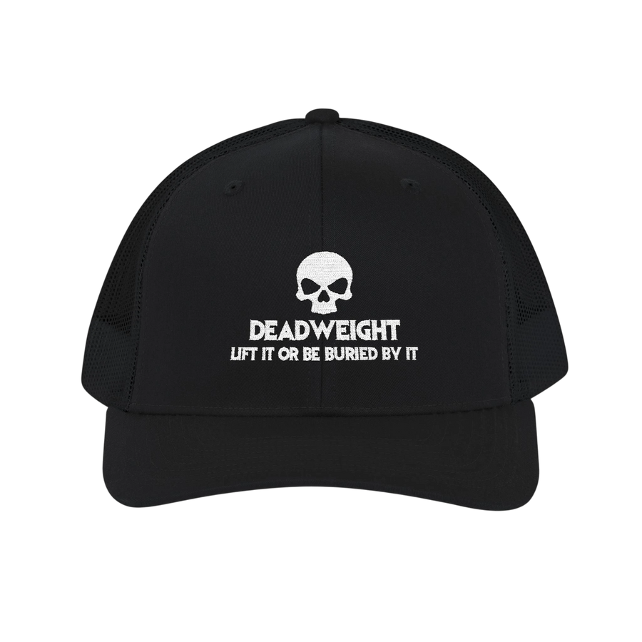 DailyThreadCo. black trucker cap with white skull logo and Deadweight text, featuring a breathable mesh back.