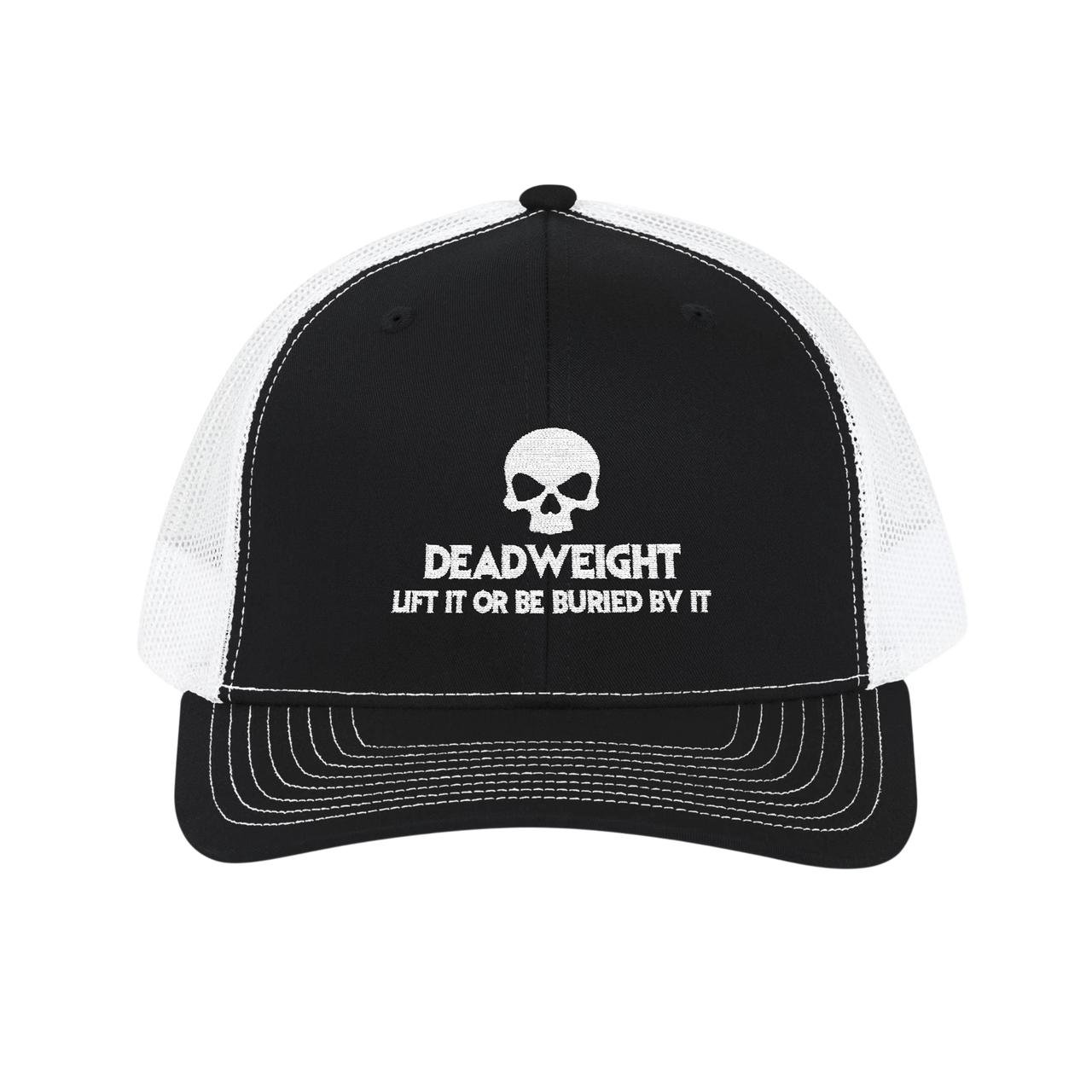 DailyThreadCo. black and white trucker cap with a skull logo and Deadweight text on the front mesh snapback hat.