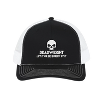 DailyThreadCo. black and white trucker cap with a skull logo and Deadweight text on the front mesh snapback hat.